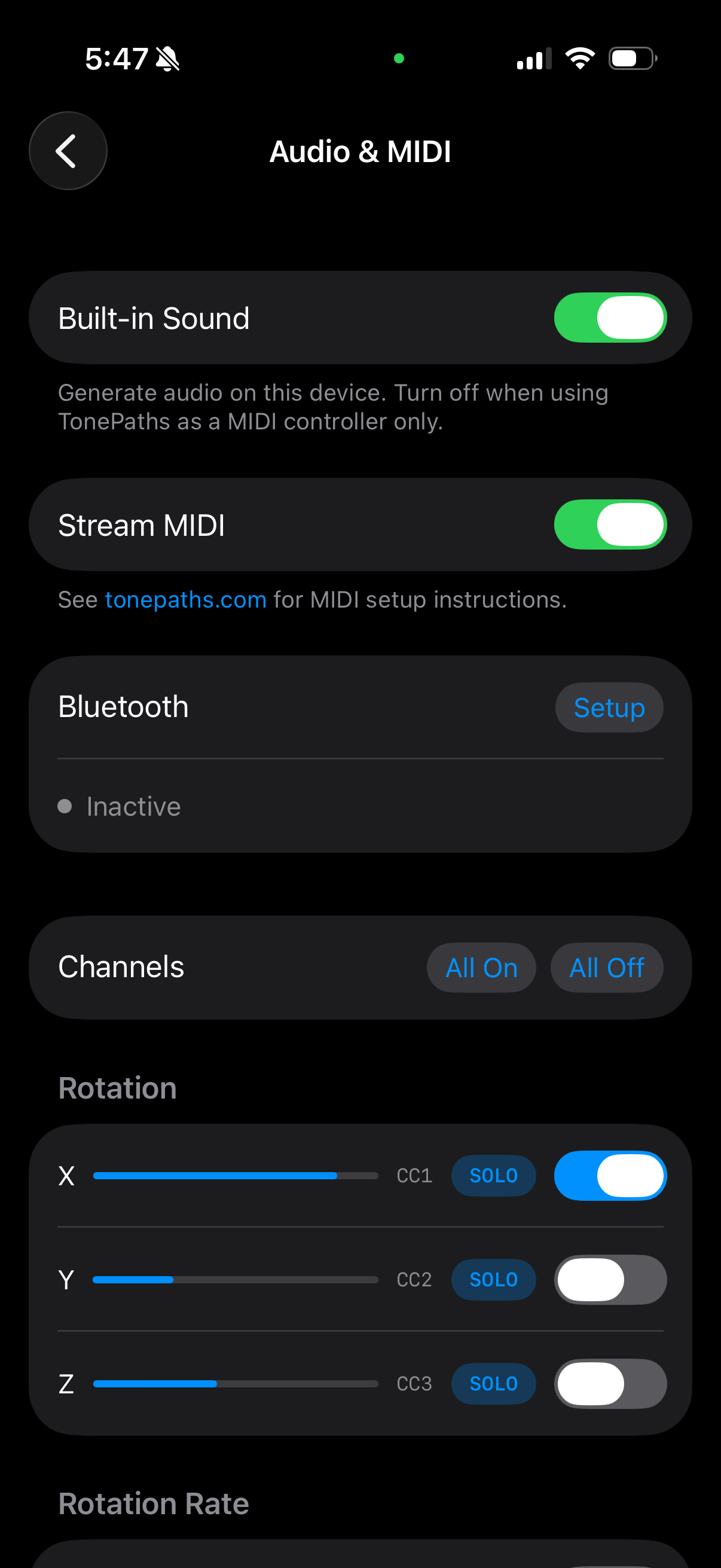 Audio & MIDI screen showing Built-in Sound, Stream MIDI, Bluetooth, and channel controls