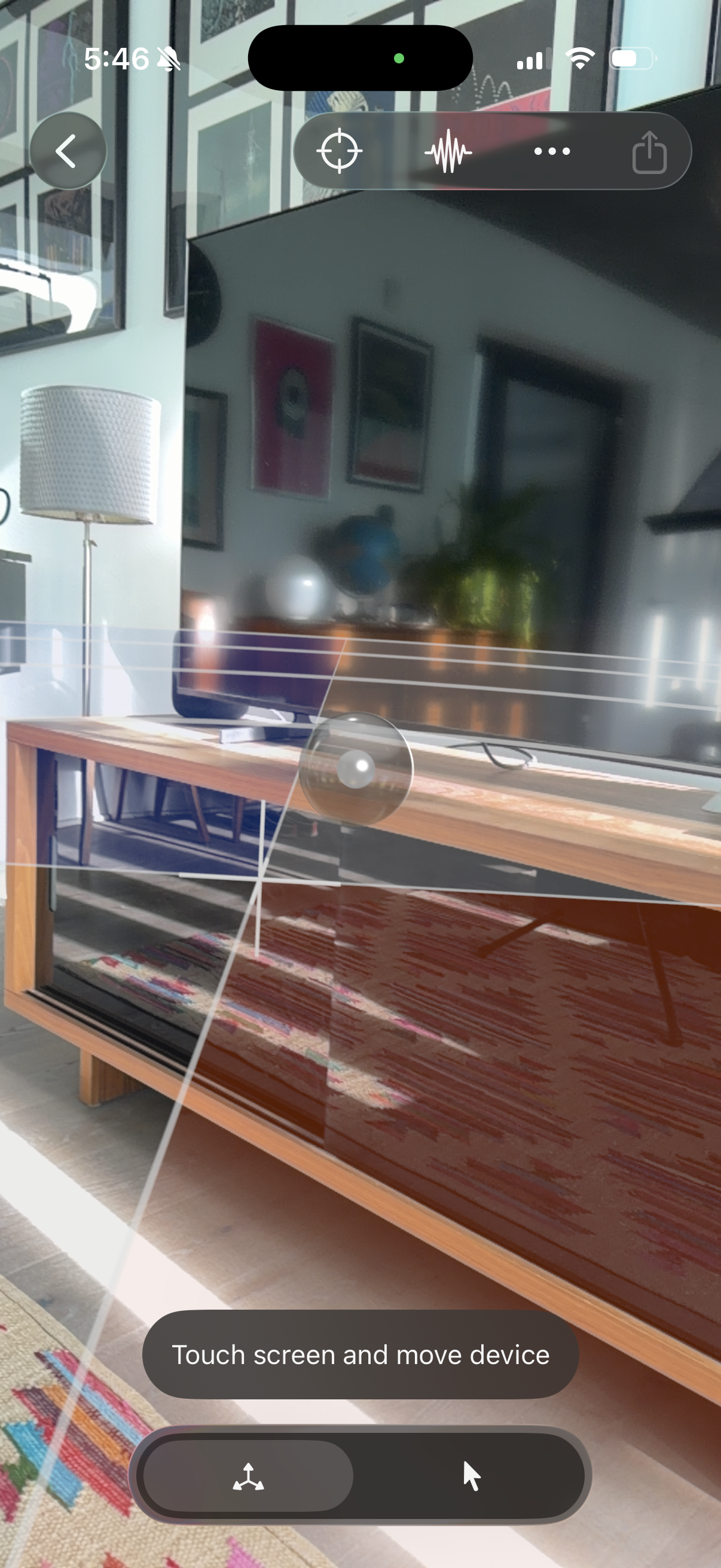 Draw mode showing cursor, stage lines, and 'Touch screen and move device' toast