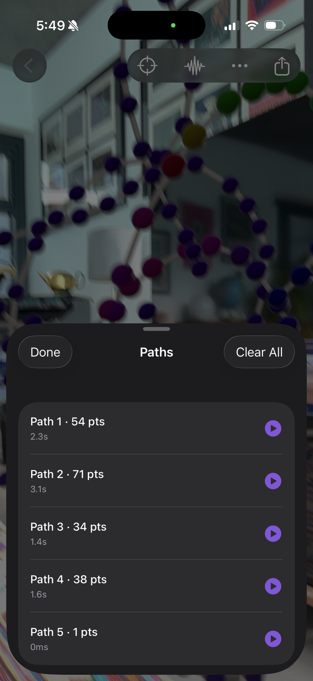 Paths sheet showing recorded paths with point counts and durations