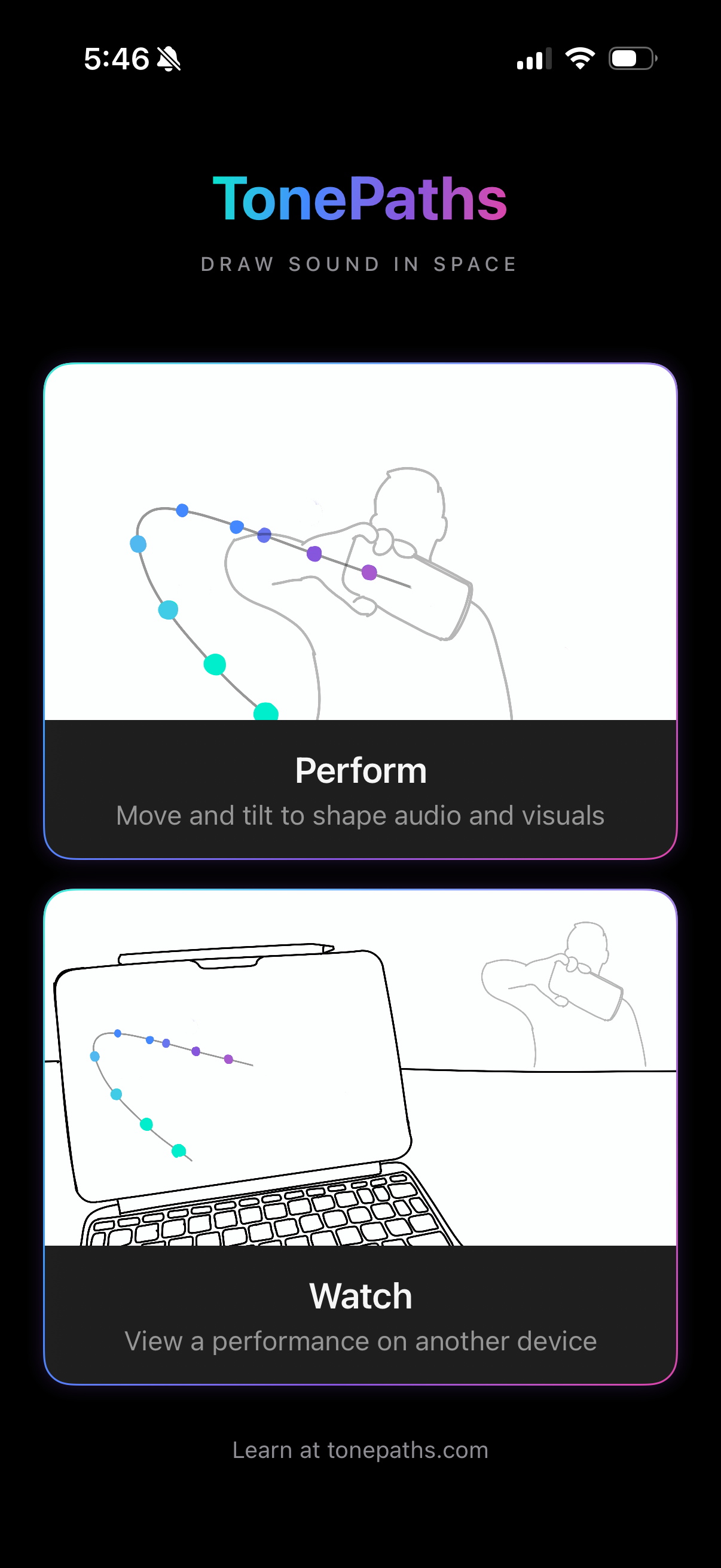 TonePaths role selection screen showing Perform and Watch cards