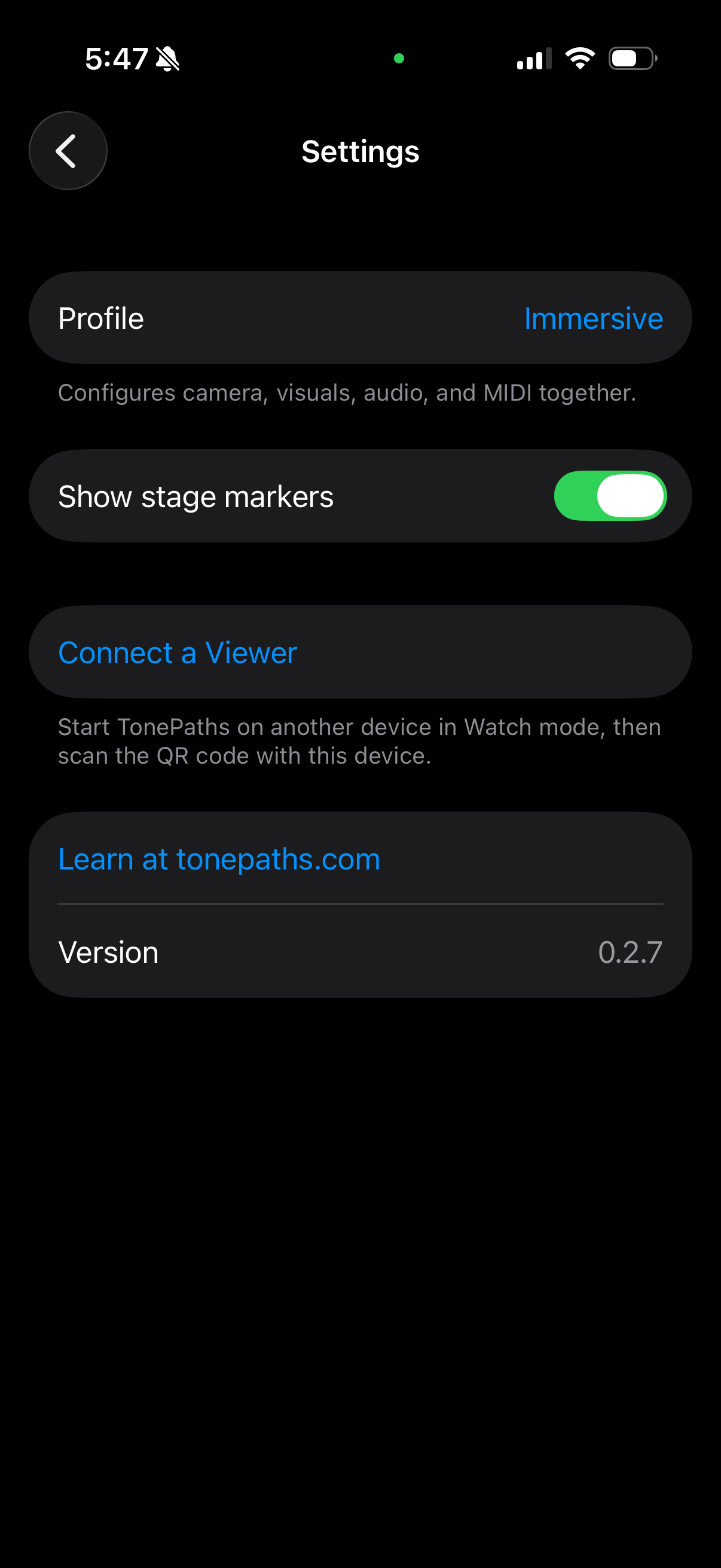 Settings screen showing Profile picker, stage markers toggle, and viewer connection